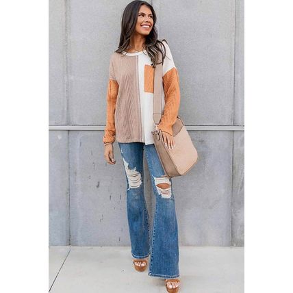 Orange Long Sleeve Colorblock Chest Pocket Textured Knit Top