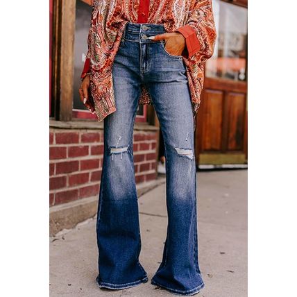 Sky Blue Button Fly Ripped High Waist Flare Jeans