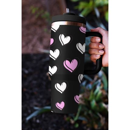 Black Valentines Heart Printed Thermos Cup with Handle