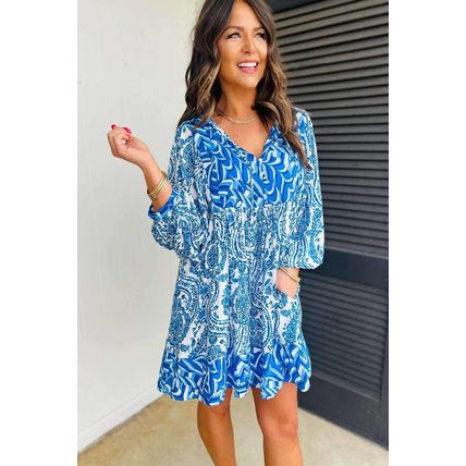 Sky Blue Bohemian Print Puff Sleeve Tied V Neck Flared Mini Dress