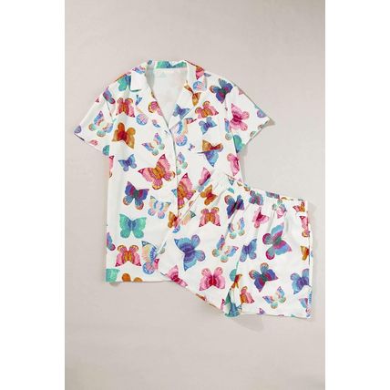 Multicolour Butterfly Pattern Short Sleeve Shirt Pajamas Set