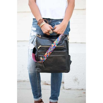 Color black Geometric Crochet Strap PU Leather Large Backpack