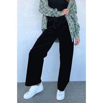 Black Solid Drawstring Waist Wide Leg Pants