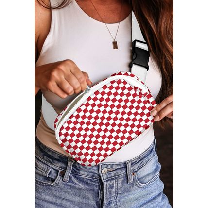 Fiery Red Checkered Print Zipped Buckle Strap Crossbody Bag
