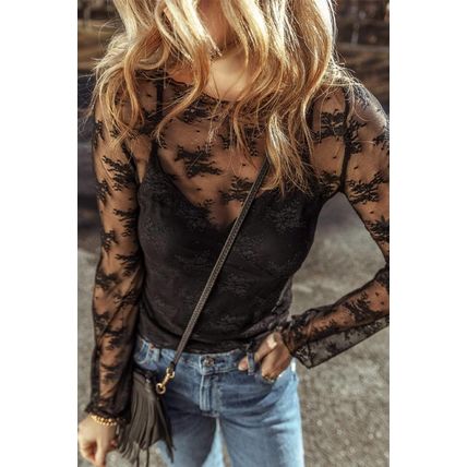 Black Lace Mesh Crochet Splicing Slim Fit Long Sleeve Blouse