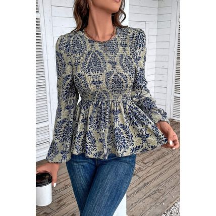 Sky Blue Boho Printed Balloon Sleeve Smocked Peplum Blouse