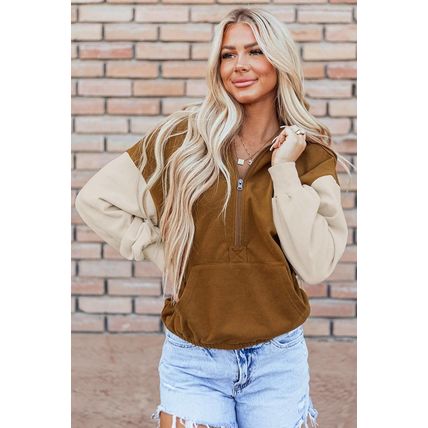 Chestnut Color Block Half Zip Kangaroo Pocketed Hoodie