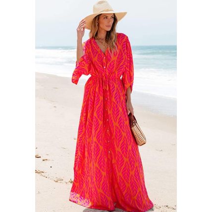 Orange Leafy Print 3/4 Sleeve V Neck Buttoned Split Maxi Dress