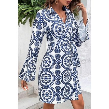 Blue Floral Print V Neck Wrapped Knot Long Sleeve Dress
