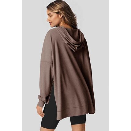 Coffee Waffle Knit Fleece Lined High Low Oversized Hoodie