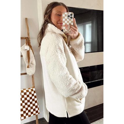 Beige Fleece Colorblock Trim Buttons Collar Sweatshirt with Pocket