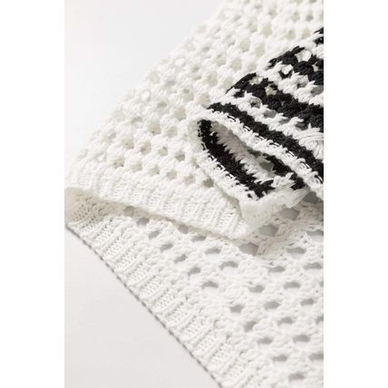 White Stripe Hollow-out Openwork Knit Puff Sleeve Sweater