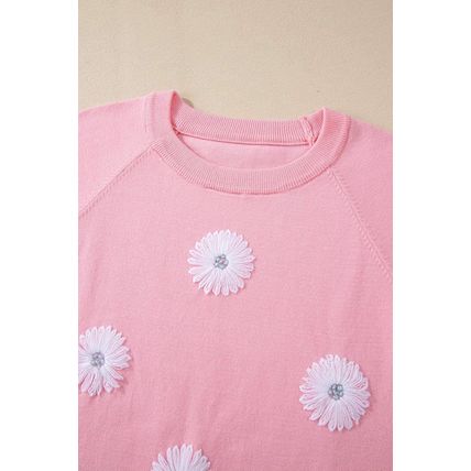 Pink Flower Pattern Short Sleeve Knitted Top