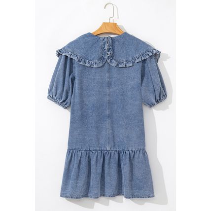 Dusk Blue Ruffled Collared Side Pockets Puff Sleeve Denim Mini Dress