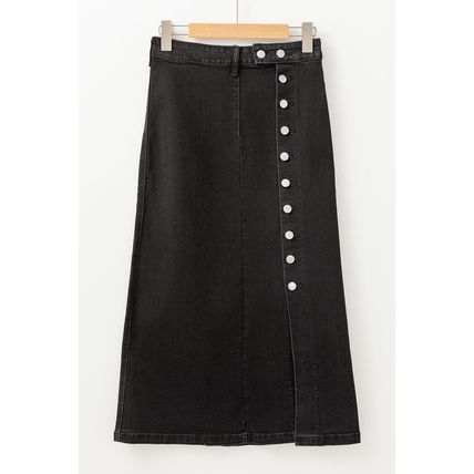 Black Button Fly Side Split High Waist Denim Midi Skirt