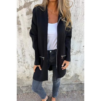 Black Solid Color Casual Zip up Hooded Coat