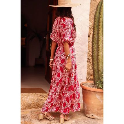 Red Paisley Print Side Slit Puff Sleeve High Waist Maxi Dress