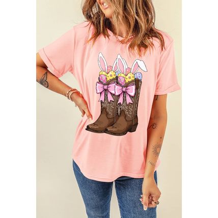 Pink Easter Eggs Bunny Ear Bow Boots Printed Tee