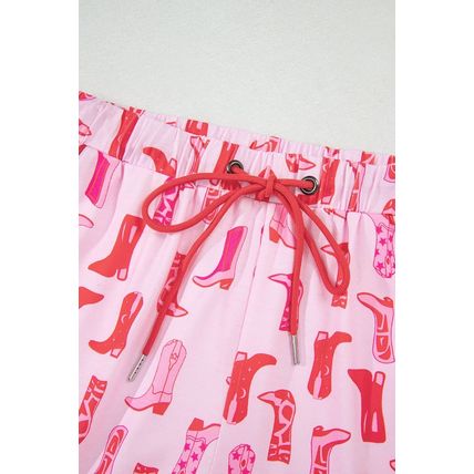 Pink Western Cowgirl Boots Printed Shirt Ruffled Shorts Pajama Set