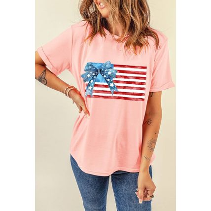 Pink Starry Bow American Flag Graphic T Shirt