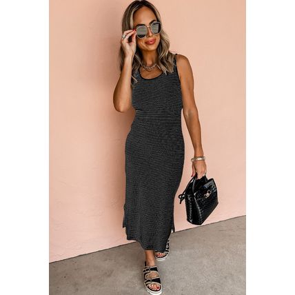 Black Stripe Criss Cross Side Slits Slim Fit Sleeveless Midi Dress