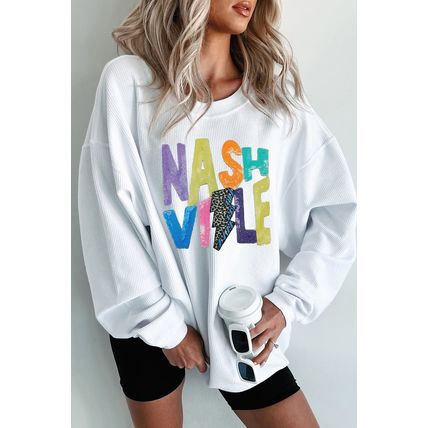 White Nashville Graphic Corded Oversized Sweatshirt