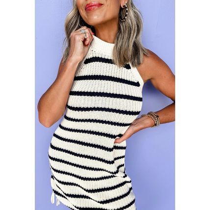 Black Stripe Knitted Drawstring Detail Sleeveless Dress