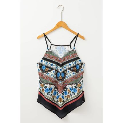 Red Mixed Floral Chevron Pattern Dip Hem Spaghetti Straps Tank
