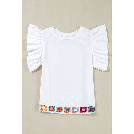 White Floral Crochet Patched Ruffled Sleeve Crewneck Blouse