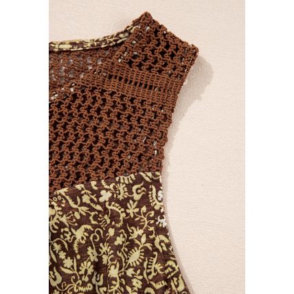 Brown Eyelet Knit Yoke Patchwork Printed Flowy Fit Tank Top