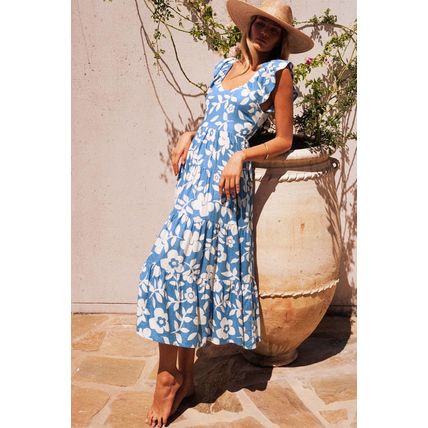 Sky Blue Floral U Neck Flutter Shoulder Tiered Flowy Midi Dress