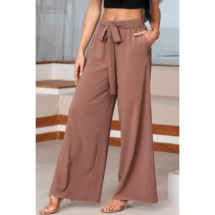 Coffee High Waisted Tie Front Side Pocket Wide Leg Flowy Casual Pants