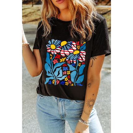 Black USA Flag Flower Graphic Drop Shoulder T Shirt