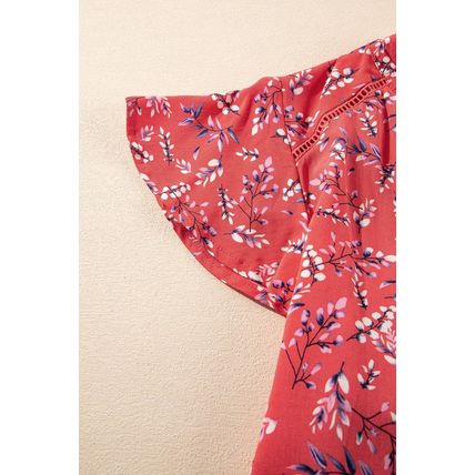 Red Floral Tie Split Neck Short Flounce Sleeve Crinkled Blouse