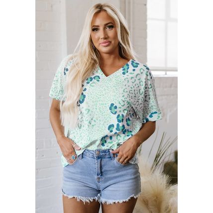 Green Mixed Leopard Print V Neck Short Sleeve Blouse