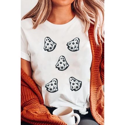 White Playful Ghost Patched Cotton Blend T Shirt