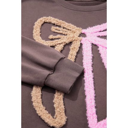 Dark Khaki Contrast Terry Bow Pattern Drop Shoulder Sweatshirt
