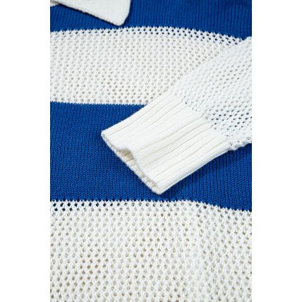Blue Stripe Colorblock Polo Collar Eyelet Crochet Knitted Sweater
