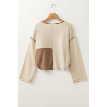Beige Color Block Waffle Knit Stitch Detail Long Sleeve Top