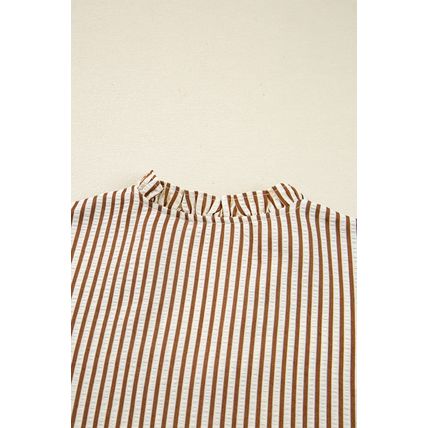 Straw Yellow Striped Print Tied Cuffs Split Neck Seersucker Blouse