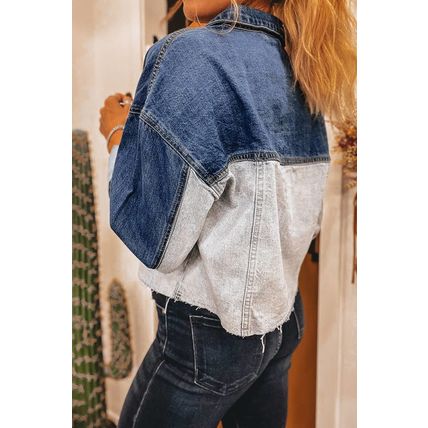 Dusk Blue Color Block Patchwork Flap Detail Distress Denim Jacket