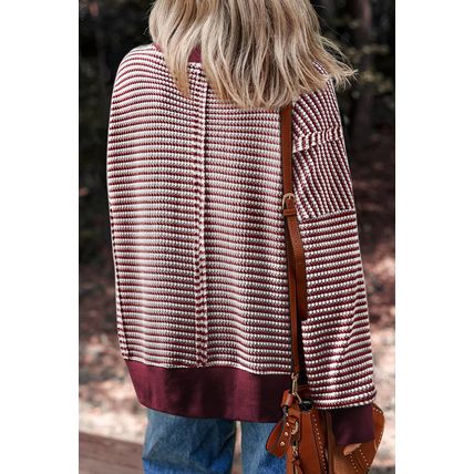Red Stripe Ribbed Trim Drop Shoulder Long Sleeve Oversize Top