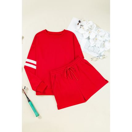 Fiery Red Varsity Striped Sleeve Drop Shoulder Sweatshirt and Short Set