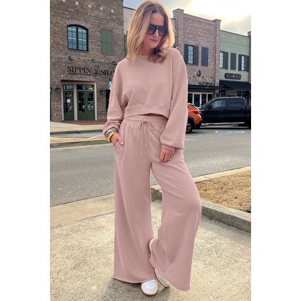 Light Pink Drop Shoulder Puff Sleeve Crop Pullover Drawstring Wide Leg Pants Set