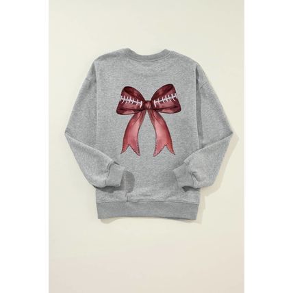 Gray Football Bow Print Drop Shoulder Pullover Sweatshirt