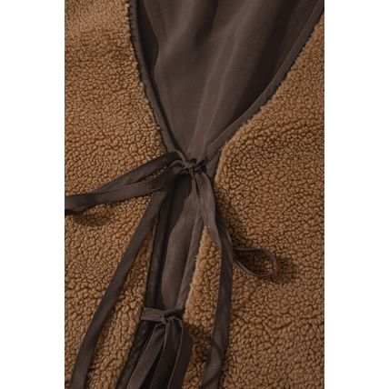Light French Beige Contrast Trim Tie Front Sherpa Vest
