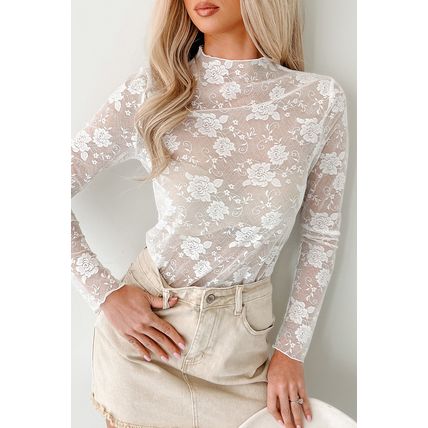 White Sheer Floral Lace Mesh Mock Neck Long Sleeve Top