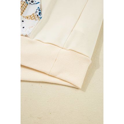 Beige Western Geo Pattern Patchwork Hoodie with Kangaroo Pocket