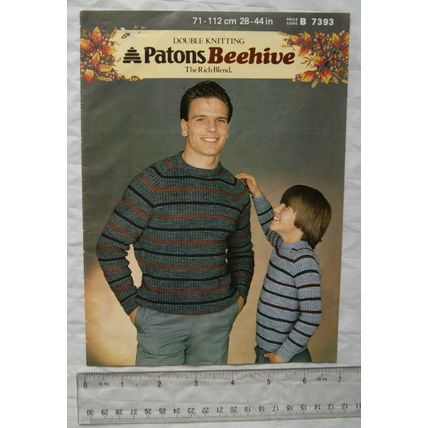 1984 Patons 7393 man & boy striped sweaters, Beehive DK