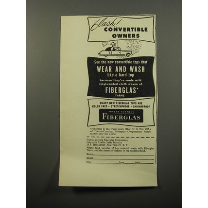1950 Owens-Corning Fiberglas Ad - Flash! Convertible Owners